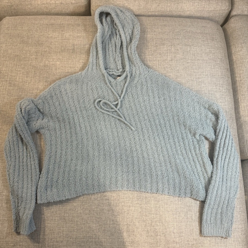 Womens Blue Hooded Sweater‎ XS Chunky Knit Pullover Cozy Soft Casual